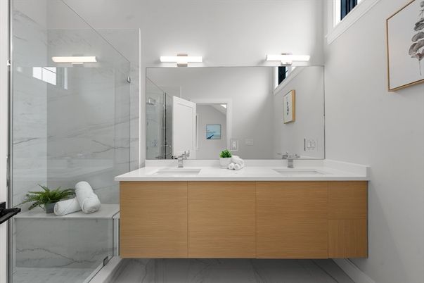 Bathroom, Dual Sink Vanities, Glass Shower, Interior, Marble, Marble Walls