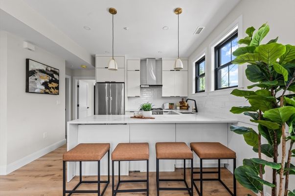 Interior, Kitchen, Pendant Lights, Recessed Lighting, Stainless Steel Appliances, Wood Texture Flooring