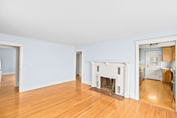 Empty room, Fireplace, Interior, Kitchen, Wood Texture Flooring
