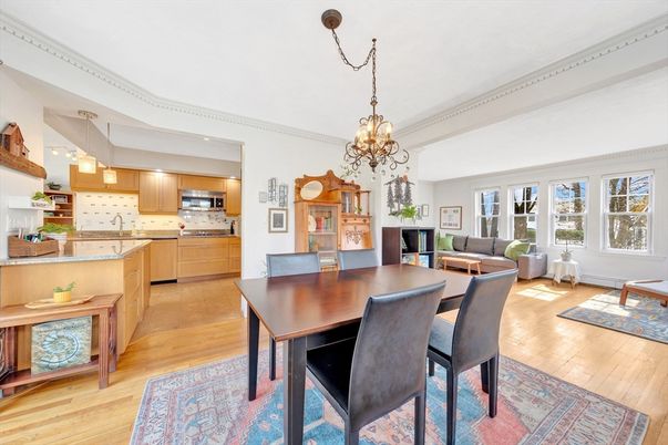 Chandelier, Dining room, Interior, Kitchen, Living room, Pendant Lights, Stainless Steel Appliances, Wood Texture Flooring