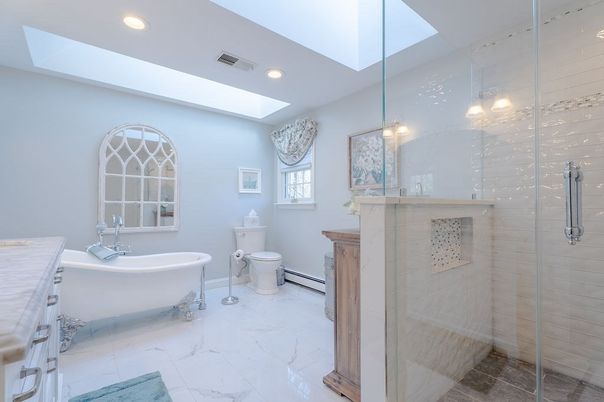 Bathroom, Free Standing Baths, Glass Shower, Interior, Marble, Recessed Lighting