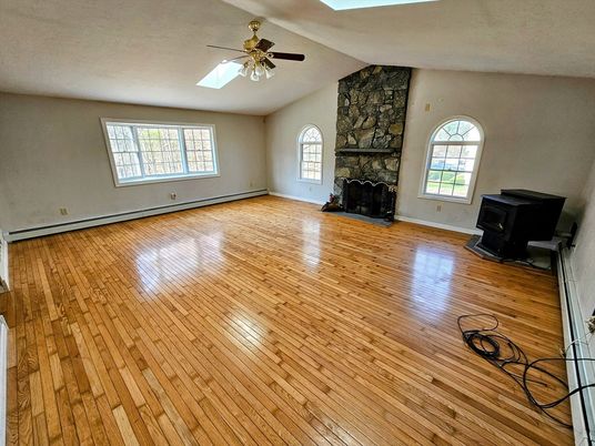 Empty room, Fireplace, Interior, Stone Walls, Wood Texture Flooring
