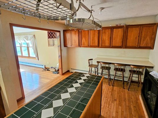 Interior, Kitchen, Tile Countertops, Wood Texture Flooring