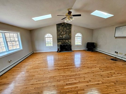 Empty room, Fireplace, Interior, Stone Walls, Wood Texture Flooring