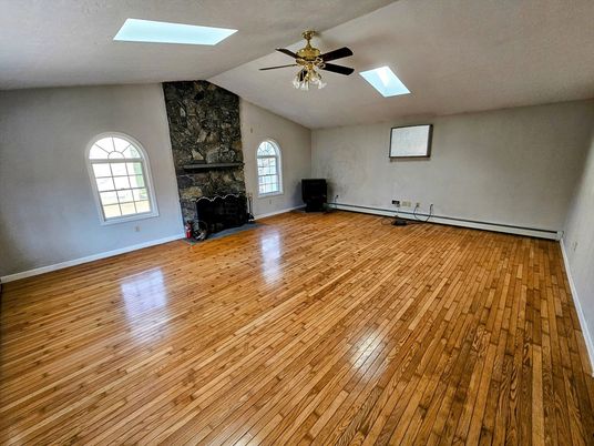 Empty room, Fireplace, Interior, Stone Walls, Wood Texture Flooring