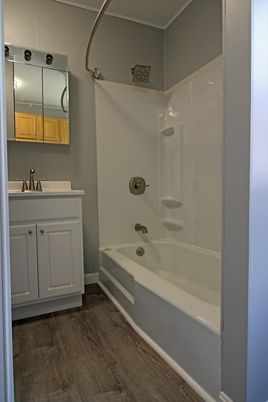 Bathroom, Glass Shower, Interior, Wood Texture Flooring
