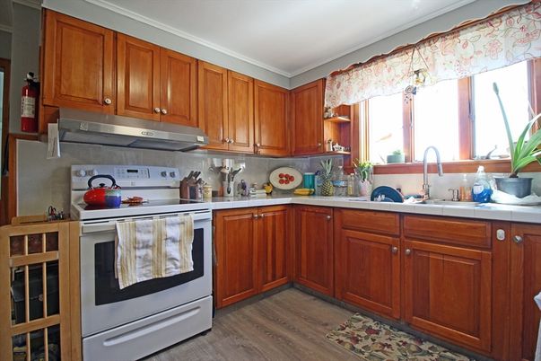 Interior, Kitchen, Tile Countertops, Wood Texture Flooring