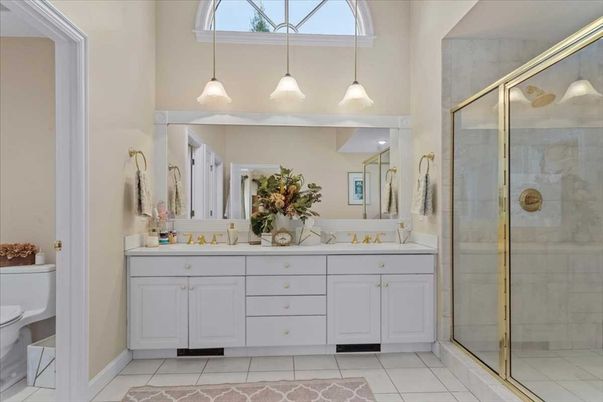 Bathroom, Dual Sink Vanities, Glass Shower, Interior, Pendant Lights