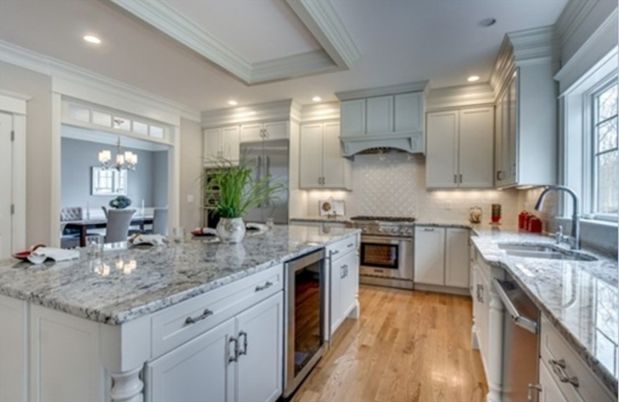 Chandelier, Dining room, Interior, Kitchen, Recessed Lighting, Stainless Steel Appliances, Wood Texture Flooring