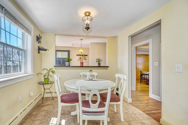 Dining room, Interior, Pendant Lights, Wood Texture Flooring