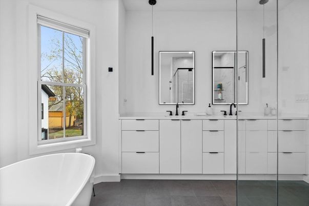 Bathroom, Dual Sink Vanities, Free Standing Baths, Interior, Pendant Lights