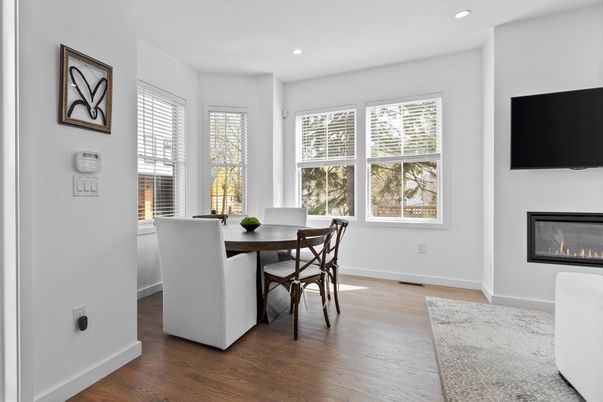 Dining room, Fireplace, Interior, Recessed Lighting, Wood Texture Flooring