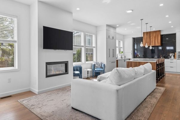 Fireplace, Interior, Kitchen, Living room, Pendant Lights, Recessed Lighting, Wood Texture Flooring