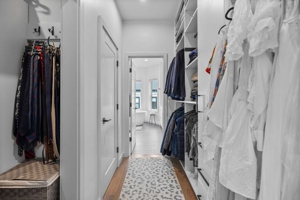 Bathroom, Interior, Recessed Lighting, Walk-in Closets, Wood Texture Flooring