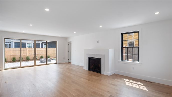 Empty room, Fireplace, Interior, Recessed Lighting, Wood Texture Flooring