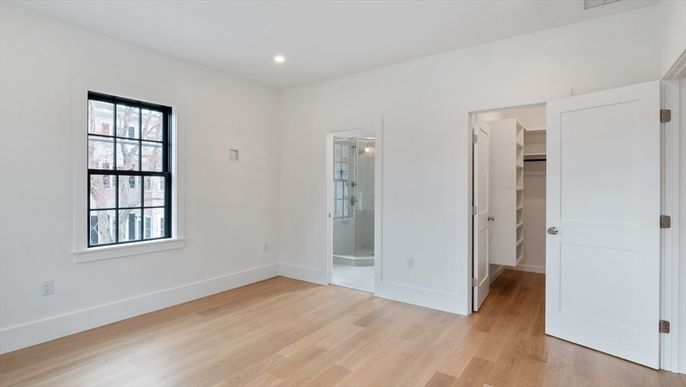 Bathroom, Empty room, Glass Shower, Interior, Recessed Lighting, Wood Texture Flooring