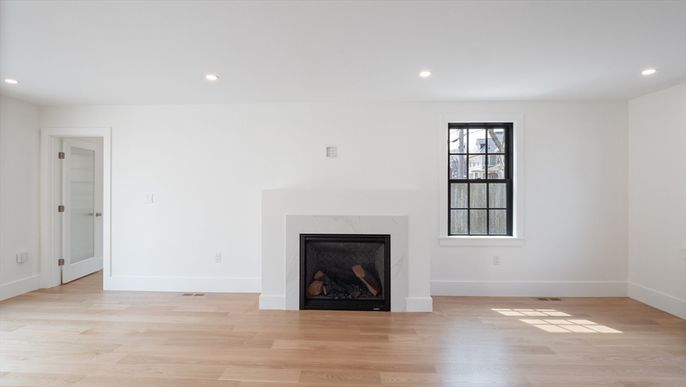 Empty room, Fireplace, Interior, Recessed Lighting, Wood Texture Flooring