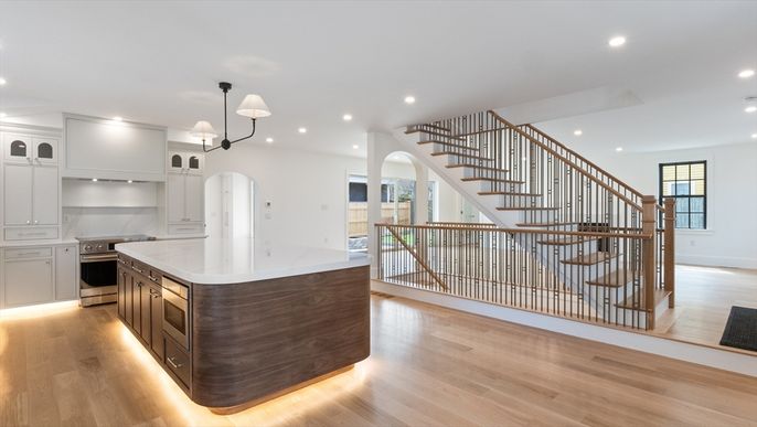 Interior, Kitchen, Pendant Lights, Recessed Lighting, Stainless Steel Appliances, Wood Texture Flooring