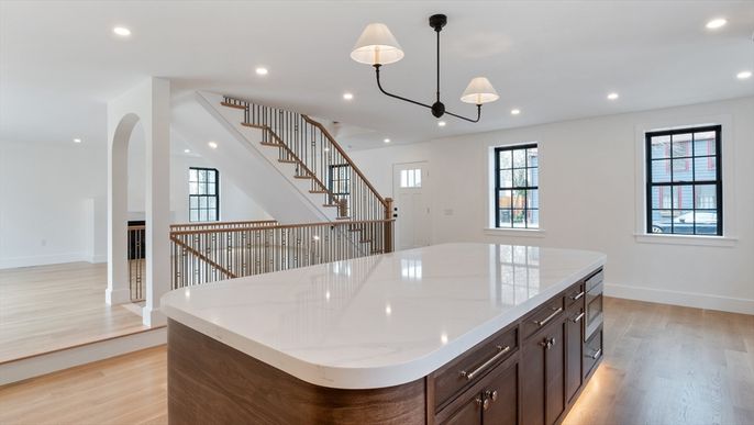 Interior, Kitchen, Pendant Lights, Recessed Lighting, Wood Texture Flooring