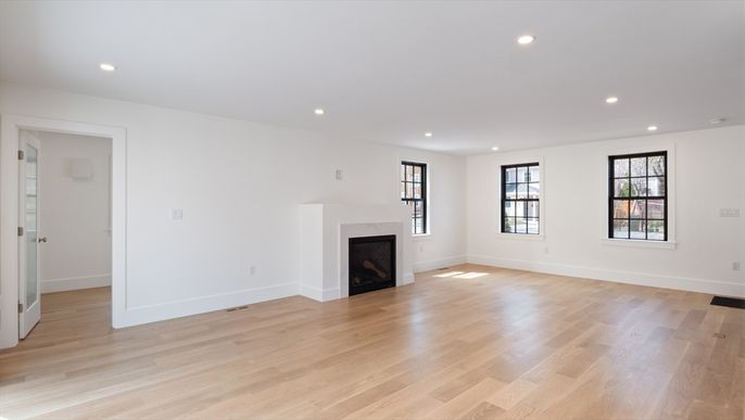 Empty room, Fireplace, Interior, Recessed Lighting, Wood Texture Flooring