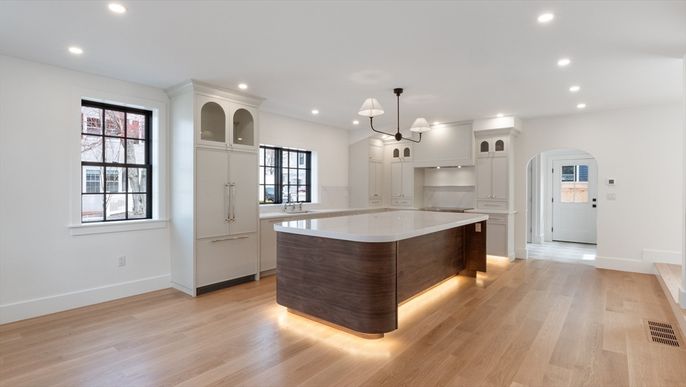 Interior, Kitchen, Pendant Lights, Recessed Lighting, Wood Texture Flooring