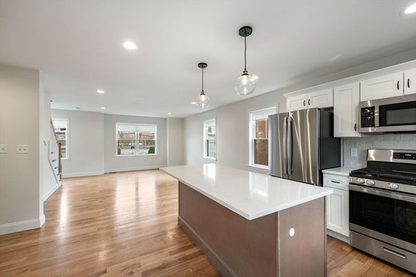 Interior, Kitchen, Pendant Lights, Recessed Lighting, Stainless Steel Appliances, Wood Texture Flooring