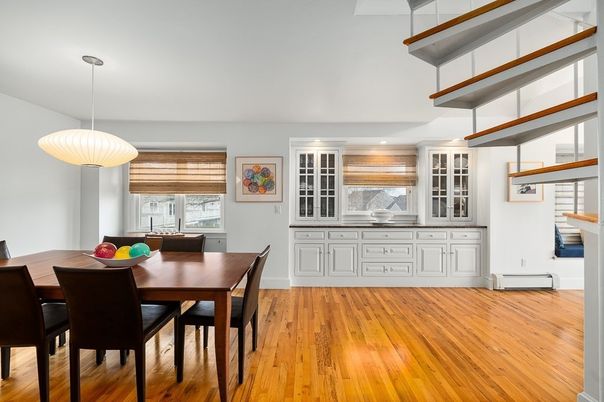 Dining room, Interior, Pendant Lights, Recessed Lighting, Wood Texture Flooring