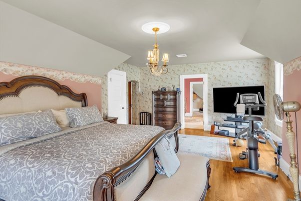 Bedroom, Chandelier, Interior, Wood Texture Flooring