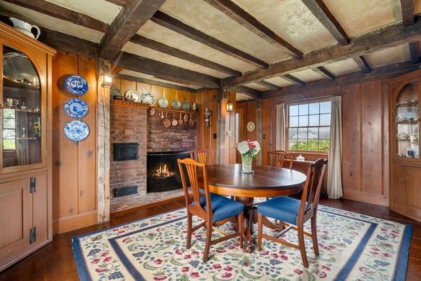 Dining room, Fireplace, Interior, Stone Walls, Wooden Beams, Wood Texture Flooring, Wooden Walls