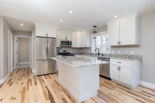 Interior, Kitchen, Pendant Lights, Recessed Lighting, Stainless Steel Appliances, Wood Texture Flooring