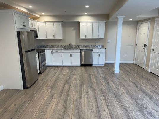 Interior, Kitchen, Recessed Lighting, Stainless Steel Appliances, Wood Texture Flooring