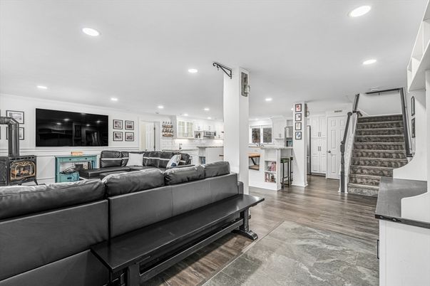Fireplace, Interior, Kitchen, Living room, Recessed Lighting, Wood Texture Flooring