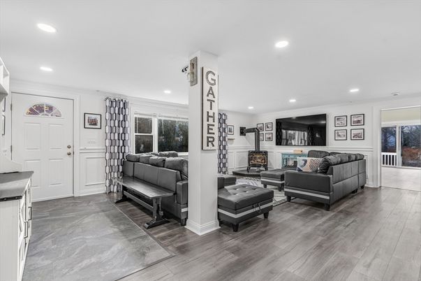 Fireplace, Interior, Living room, Recessed Lighting, Wood Texture Flooring