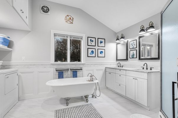 Bathroom, Dual Sink Vanities, Free Standing Baths, Interior, Marble