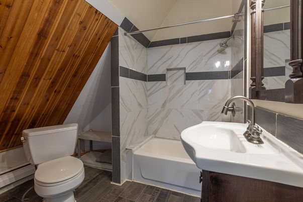 Bathroom, Interior, Marble Walls, Wood Texture Flooring
