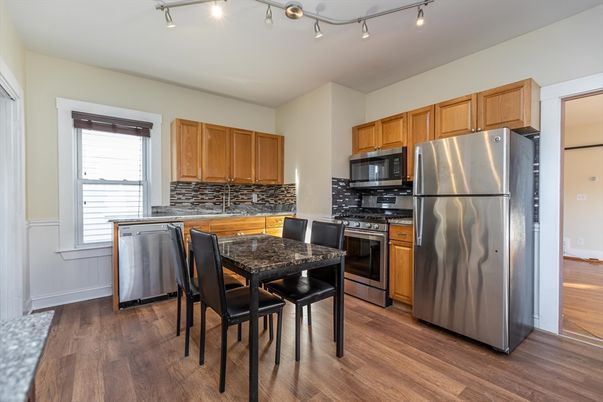 Dining room, Interior, Kitchen, Stainless Steel Appliances, Wood Texture Flooring