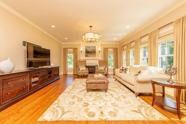 Chandelier, Fireplace, Interior, Living room, Recessed Lighting, Wood Texture Flooring