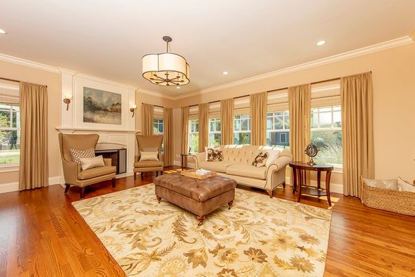 Chandelier, Fireplace, Interior, Living room, Recessed Lighting, Wood Texture Flooring