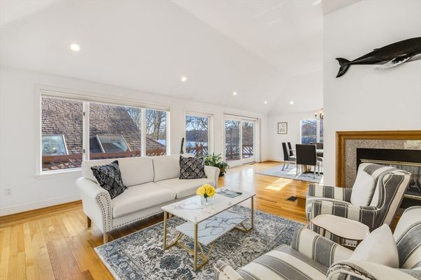 Dining room, Fireplace, Interior, Living room, Recessed Lighting, Wood Texture Flooring