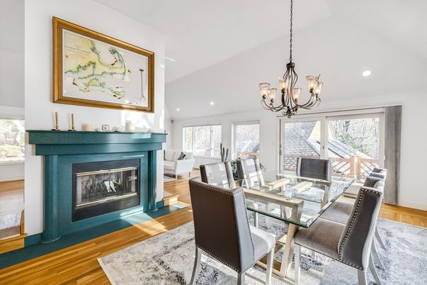 Chandelier, Dining room, Fireplace, Interior, Recessed Lighting, Wood Texture Flooring