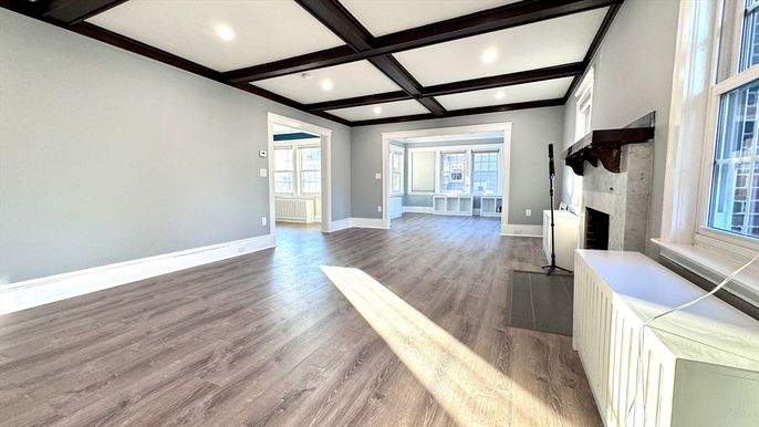 Empty room, Fireplace, Interior, Recessed Lighting, Wooden Beams, Wood Texture Flooring