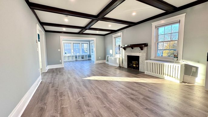 Empty room, Fireplace, Interior, Recessed Lighting, Wooden Beams, Wood Texture Flooring
