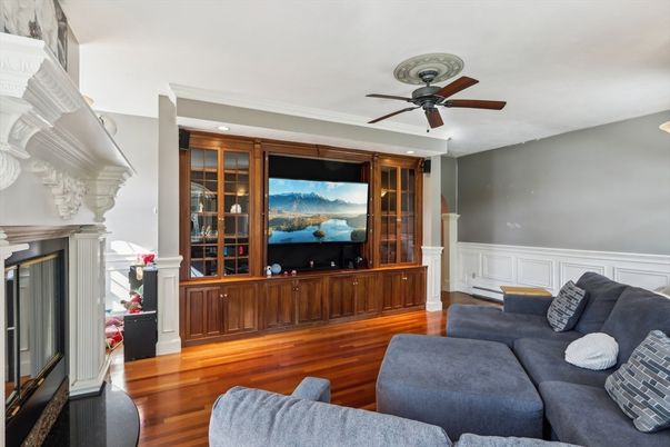Fireplace, Interior, Living room, Recessed Lighting, Wood Texture Flooring