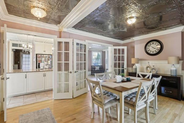 Chandelier, Dining room, Interior, Wood Texture Flooring