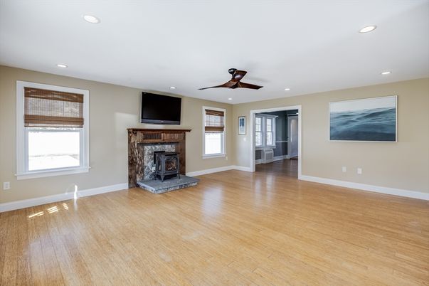 Empty room, Fireplace, Interior, Recessed Lighting, Wood Texture Flooring