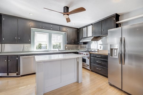 Interior, Kitchen, Recessed Lighting, Stainless Steel Appliances, Wood Texture Flooring