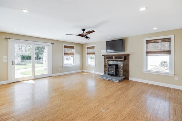 Empty room, Fireplace, Interior, Recessed Lighting, Wood Texture Flooring