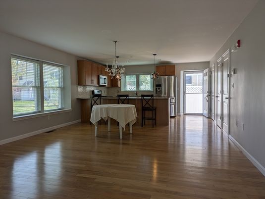 Chandelier, Dining room, Interior, Kitchen, Pendant Lights, Stainless Steel Appliances, Wood Texture Flooring