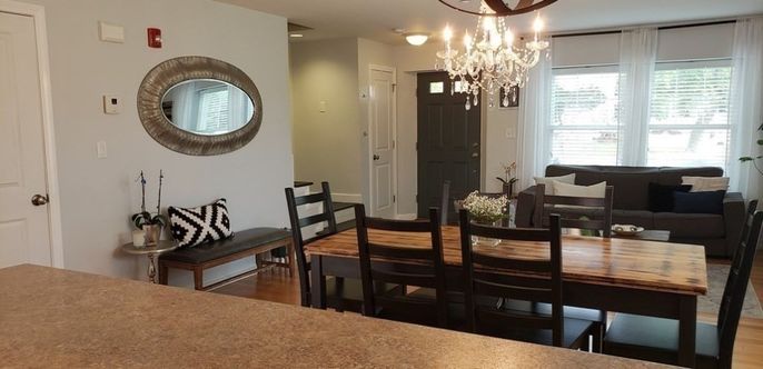 Chandelier, Dining room, Interior, Living room, Recessed Lighting, Wood Texture Flooring