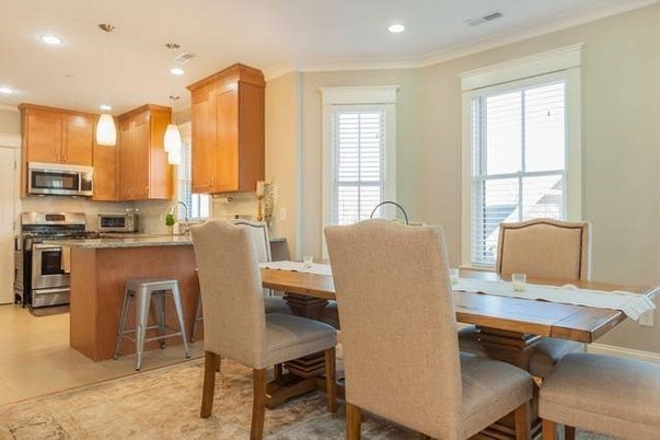 Dining room, Interior, Kitchen, Pendant Lights, Recessed Lighting, Stainless Steel Appliances